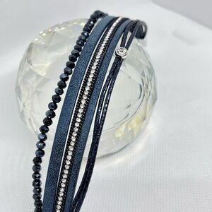 Elegant Blue and Silver metallic leather and crystal Bracelet